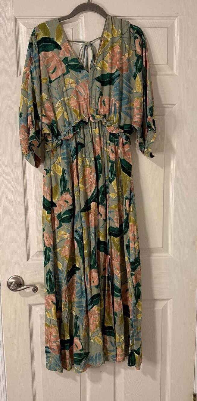 Hudson Gray Green Tropical Leaf Print V-Neck Midi Dress with Front Slit Size S